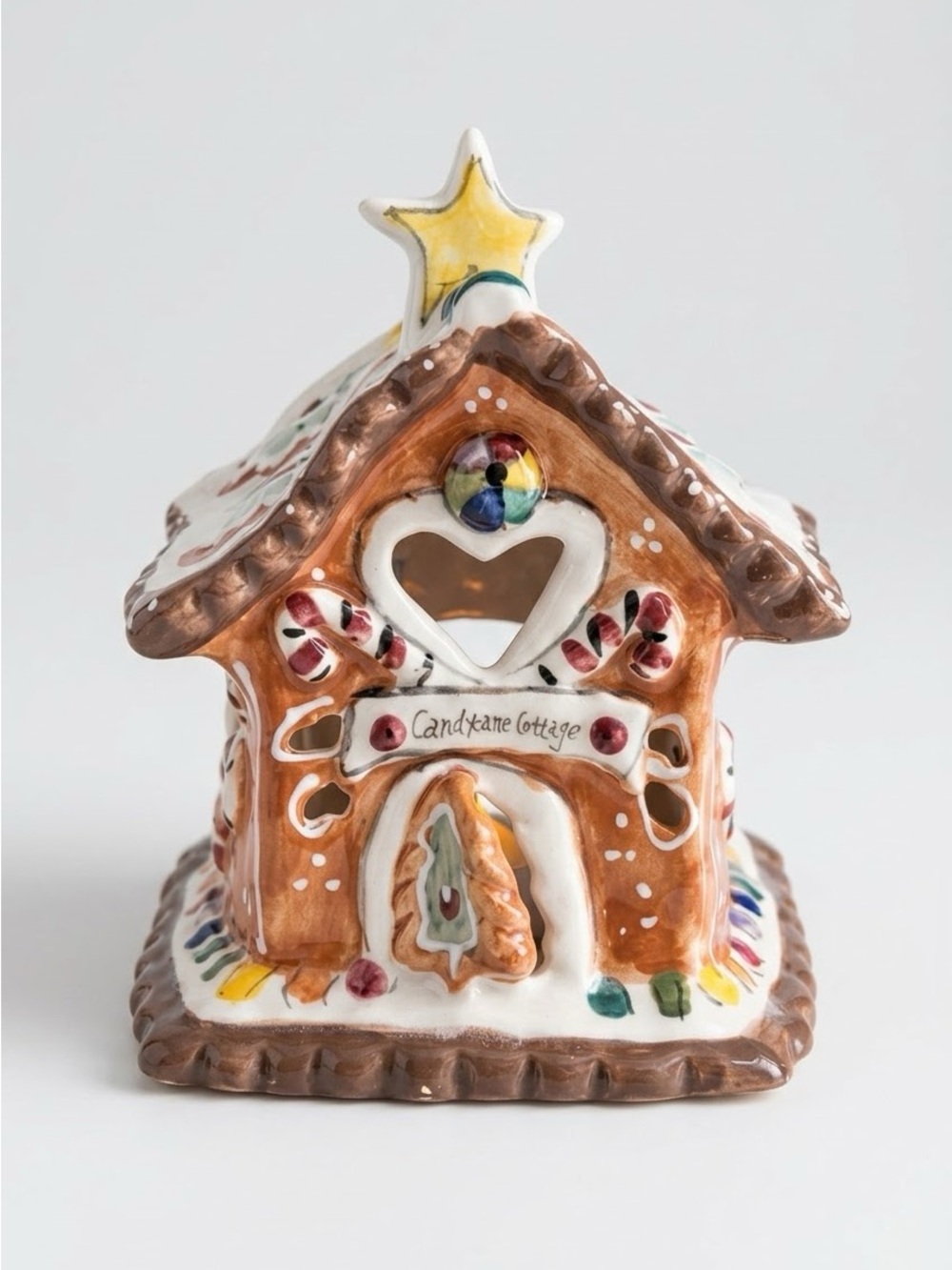 Blue Sky Heather Goldminc Candy Cane Cottage Ceramic Gingerbread Tealight Holder